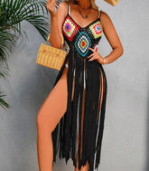 Saída de Praia Crochê Franja Feminina com franjas longas e design boho em crochê artesanal, ideal para moda praia